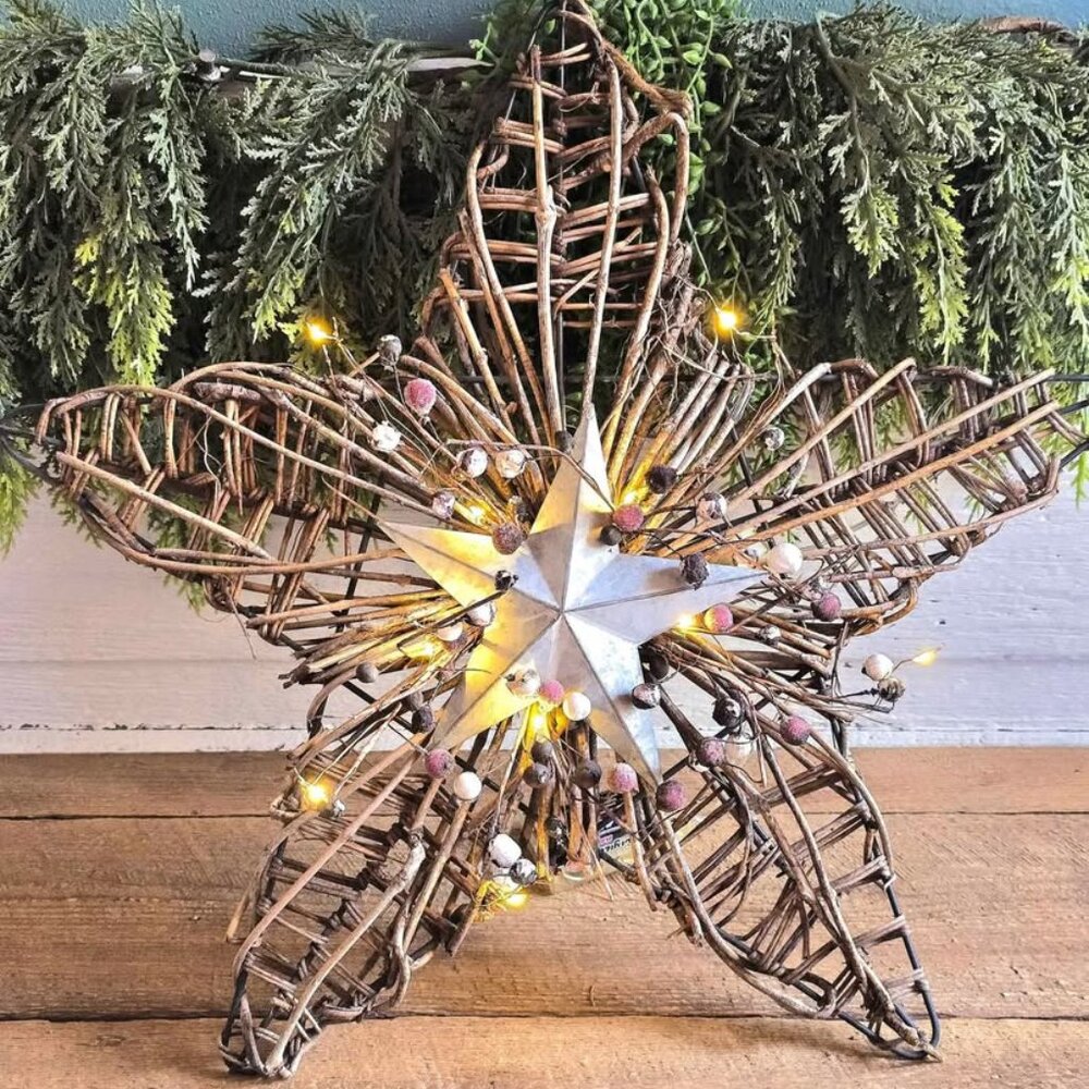 Damaged - Rustic Light Up Grapevine Galvanized Berry Battery Operated Star
